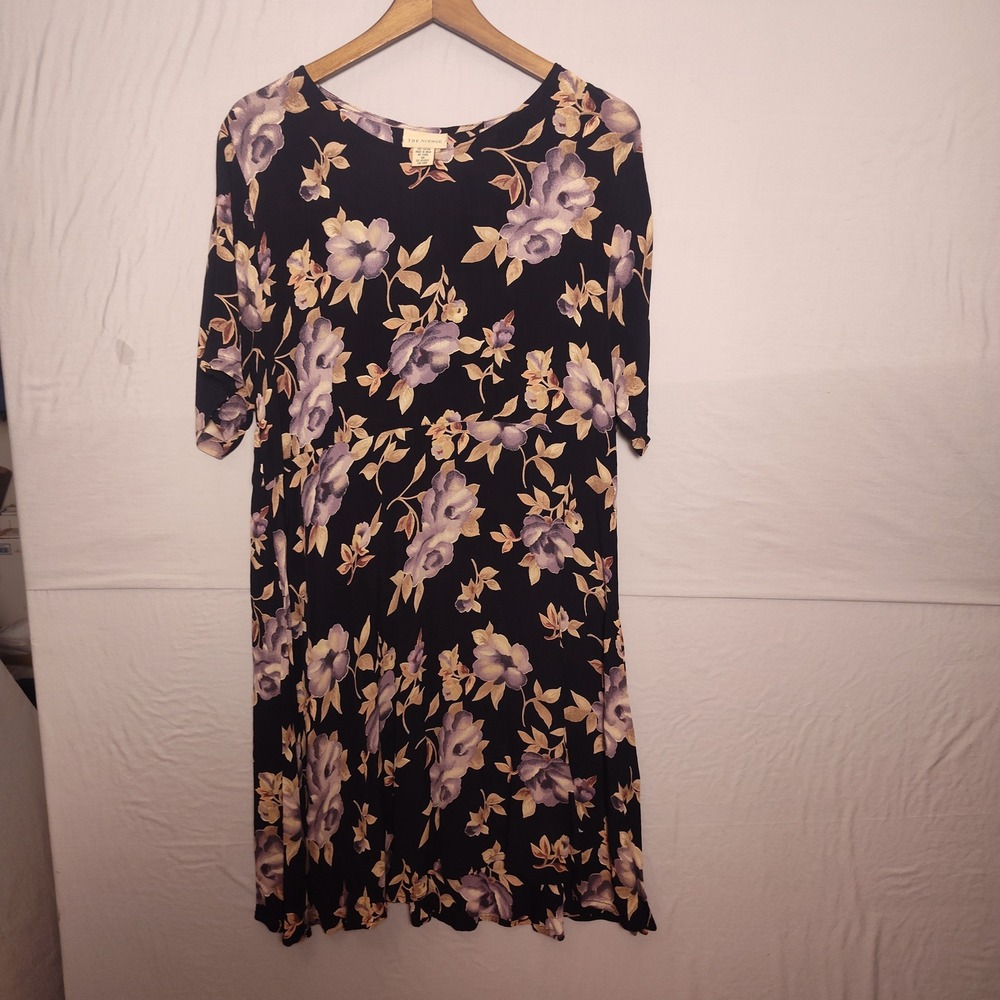The Avenue Floral Rayon Midi Dress Black Purple Tan Vintage Style Size 16